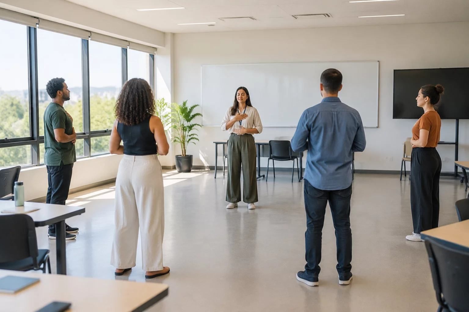 Professora orienta alunos após um exercício
