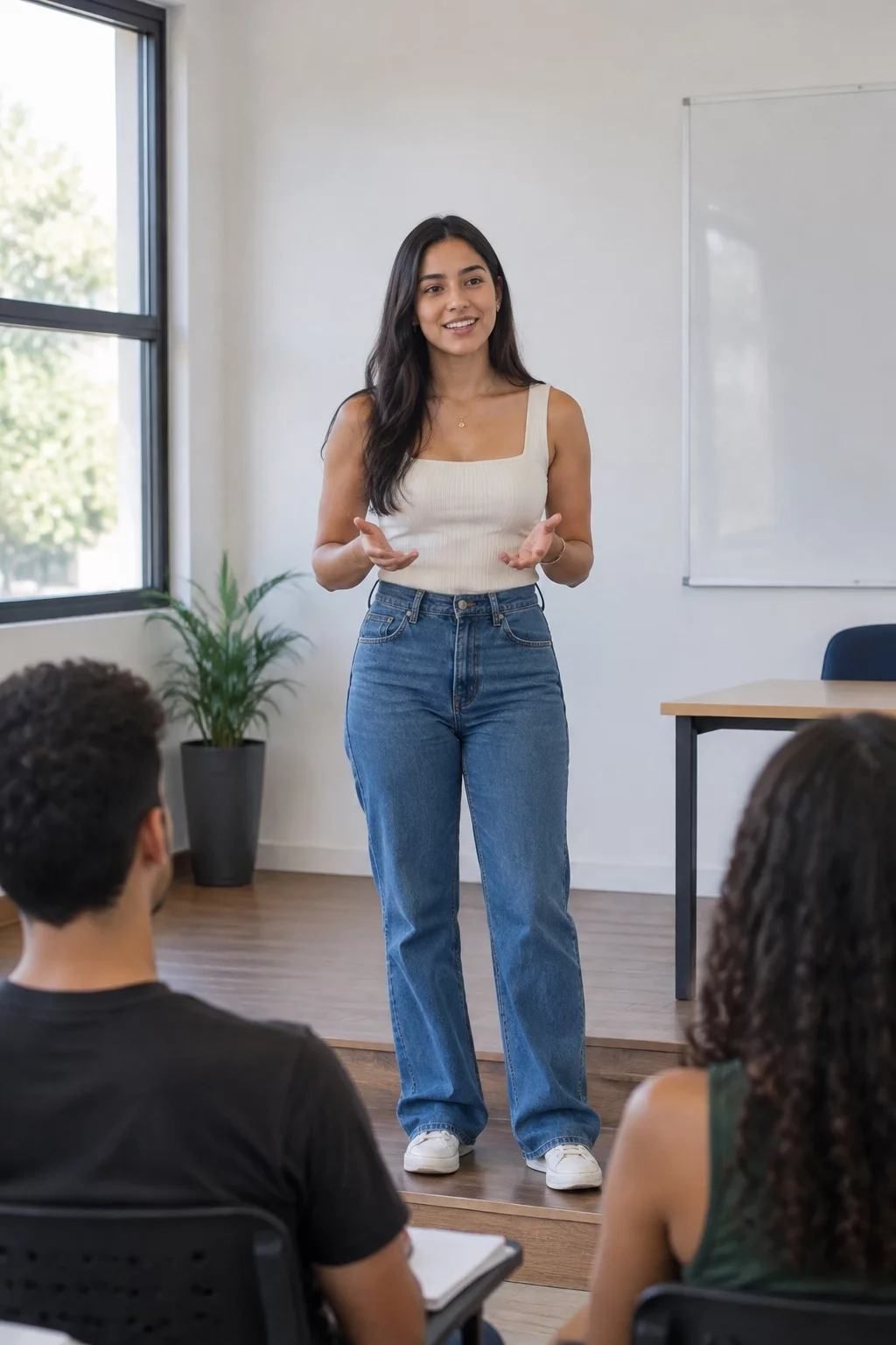 Estudante se apresenta aos colegas numa aula de oratória
