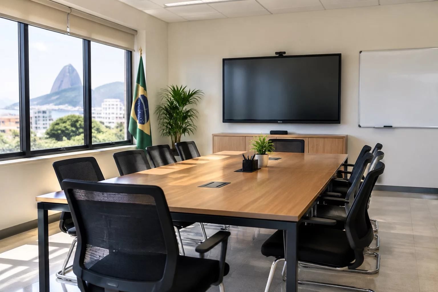Mesa de reunião e tela de slides